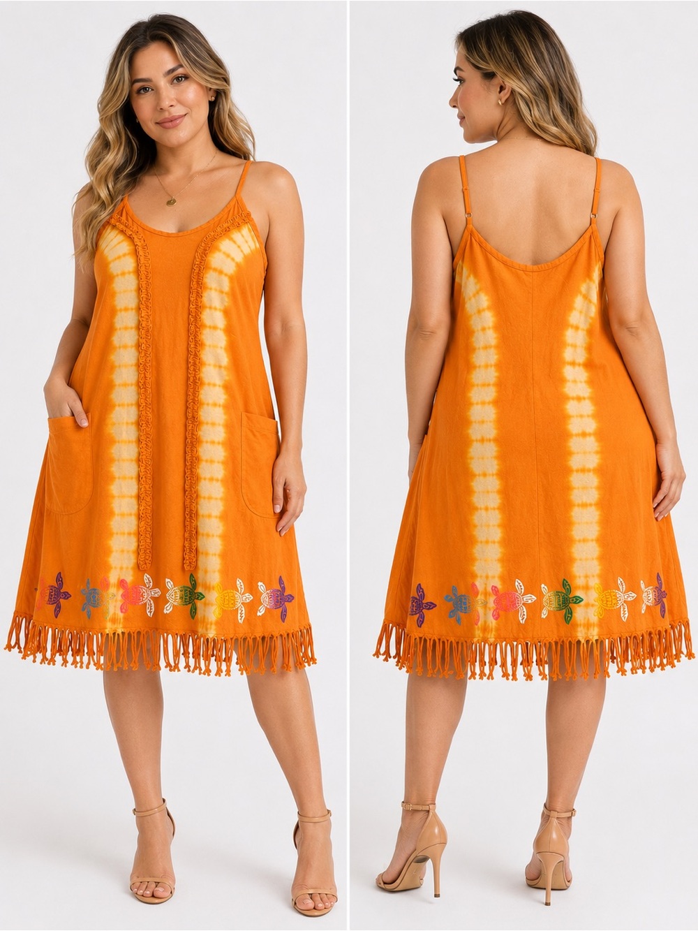 Casual Orange Tie-Dye Fringe Spaghetti Strap Dress